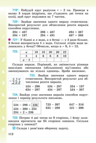112112
719*. Побудуй круг радіусом r = 2  см. Проведи в
ньому 3 хорди (відрізки, що з’єднують дві точки на
колі), щоб круг поділився на 7 частин.
720°. Знайди значення одного виразу стовпчиком.
Використай результат для обчислення решти виразів
способом округлення.
394 + 487												398 + 487												494 + 387
594 + 187												294 + 491												487 + 388
721°. У бідоні а л води, а в бочці — у 2 рази більше.
З бочки використали b л води. Скільки літрів води за-
лишилось у бочці? Обчисли, якщо а = 9, b = 12.
722.
Склади вирази. Порівняй, як змінюється різниця
внаслідок зменшення (збільшення) від’ємника або
зменшуваного на кілька одиниць. Зроби висновок.
723. Знайди значення одного виразу
стовпчиком. Використай резуль­тат для об-
числення решти виразів.
534 – 298							534 – 287							334 – 197
634 – 297							434 – 297							534 – 387
724. Знайди усно значення виразів способом округ­
лення і перевір результати письмово.
534 – 298 = 236
534 – 300 = 234
234 + 2 = 236
723 – 397
835 – 289
647 – 316
521 – 396
725. Петрик 4 дні читав по 9 сторінок, і йому зали­
шилося прочитати ще 85 сторінок книжки. Скільки
сторінок у книжці?
Склади і розв’яжи обернену задачу.
а 10 10 20 20 22
b 4 6 6 8 10
а – b
 