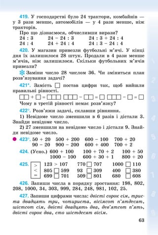 6363
419. У господарстві було 24 трактори, комбайнів —
у 3 рази менше, автомобілів  — у 4 рази менше, ніж
тракторів.
Про що дізнаємося, обчисливши вирази?
24 : 3								24 – 24 : 3								24 : 3 + 24 : 4
24 : 4								24 + 24 : 4								24 : 3 – 24 : 4
420. У  магазин привезли футбольні м’ячі. У  кінці
дня їх залишилося 28 штук. Продали в 4 рази менше
м’ячів, ніж залишилося. Скільки футбольних м’ячів
привезли?
Заміни число 28 числом 36. Чи зміниться план
розв’язування задачі?
421*. Замість  постав цифри так, щоб вийшли
правильні рівності.
 +  =    –  =    –  = 
Чому в третій рівності немає розв’язку?
422°. Розв’яжи задачі, склавши рівняння.
1) Невідоме число зменшили в 6 разів і дістали 3.
Знай­ди невідоме число.
2) 27 зменшили на невідоме число і дістали 9. Знай­
ди невідоме число.
423°.	50 + 20			500 + 200			600 – 100			700 + 20
							90 – 20			900 – 200			600 + 400			700 + 2
424. (Усно.)		600 + 100					100 + 70 + 2					100 + 50
																1000 – 100				600 + 30 + 1					800 + 20
425.  >
<
=
		123 > 107					770	 707						1000	 110
													805  599 				93			 309						400		  380
													699  701					509	 801						680		  608
426. Запиши числа в порядку зростання: 198, 802,
208, 1000, 34, 303, 999, 284, 248, 981, 102, 25.
427. Запиши цифрами числа: двісті сорок сім, трис-
та двадцять три, чотириста, вісімсот п’ятдесят,
шістсот сім, двісті двадцять два, дев’ятсот п’ять,
двісті сорок два, сто шістдесят вісім.
 