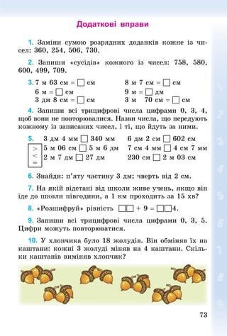 7373
Додаткові вправи
1. Заміни сумою розрядних доданків кожне із чи-
сел: 360, 254, 506, 730.
2. Запиши «сусідів» кожного із чисел: 758, 580,
600, 499, 709.
3.	7 м 63 см =  см											8 м 7 см =  см
			6 м =  см																			9 м =  дм	
			3 дм 8 см =  см											3 м 		70 см =  см
4. Запиши всі трицифрові числа цифрами 0, 3, 4,
щоб вони не повторювалися. Назви числа, що передують
кожному із записаних чисел, і ті, що йдуть за ними.
5.				3 дм 4 мм  340 мм					6 дм 2 см  602 см
						5 м 06 см  5 м 6 дм				7 см 4 мм  4 см 7 мм
						2 м 7 дм  27 дм									230 см  2 м 03 см
6. Знай­ди: п’яту частину 3 дм; чверть від 2 см.
7. На якій відстані від школи живе учень, якщо він
іде до школи півгодини, а 1 км проходить за 15 хв?
8. «Розшифруй» рівність   + 9 =   4.
9. Запиши всі трицифрові числа цифрами 0, 3, 5.
Цифри можуть повторюватися.
10. У хлопчика було 18 жолудів. Він обміняв їх на
каштани: кожні 3 жолуді міняв на 4 каштани. Скіль-
ки каштанів виміняв хлопчик?
>
<
=
 