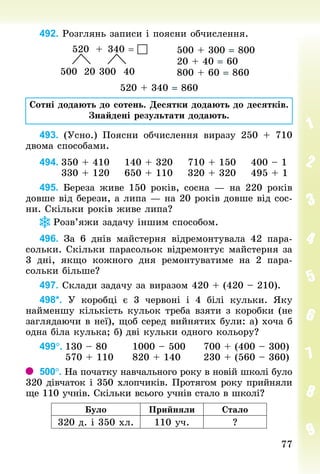 7777
492. Розглянь записи і поясни обчислення.
						520 	+ 	340 = 
						 					
			500 	20 300 	40
500 + 300 = 800
20 + 40 = 60
800 + 60 = 860
520 + 340 = 860
Сотні додають до сотень. Десятки додають до десятків.
Знайдені результати додають.
493. (Усно.) Поясни обчислення виразу 250 + 710
двома способами.
494.	350 + 410				140 + 320				710 + 150				400 – 1
						330 + 120				650 + 110				320 + 320				495 + 1
495. Береза живе 150 років, сосна — на 220 років
довше від берези, а липа — на 20 років довше від сос­
ни. Скільки років живе липа?
Розв’яжи задачу іншим способом.
496. За 6 днів майстерня відремонтувала 42 пара-
сольки. Скільки парасольок відремонтує майстерня за
3 дні, якщо кожного дня ремонтуватиме на 2 пара-
сольки більше?
497. Склади задачу за виразом 420 + (420 – 210).
498*. У  коробці є 3 червоні і 4 білі кульки. Яку
найменшу кількість кульок треба взяти з коробки (не
заглядаючи в неї), щоб серед вийнятих були: а) хоча б
одна біла кулька; б) дві кульки одного кольору?
499°.	130 – 80							1000 – 500					700 + (400 – 300)
							570 + 110					820 + 140						230 + (560 – 360)
500°. На початку навчального року в новій школі було
320 дівчаток і 350 хлопчиків. Протягом року прийняли
ще 110 учнів. Скільки всього учнів стало в школі?
Було Прийняли Стало
320 д. і 350 хл. 110 уч. ?
 