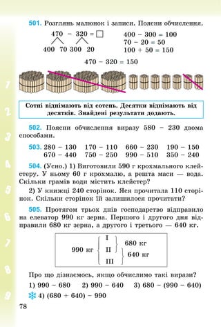 7878
501. Розглянь малюнок і записи. Поясни обчислення.
						470 	– 	320 = 
						 					
			400 	70 300 	20
400 – 300 = 100
70 – 20 = 50
100 + 50 = 150
470 – 320 = 150
Сотні віднімають від сотень. Десятки віднімають від
десятків. Знайдені результати додають.
502. Поясни обчислення виразу 580  – 230 двома
способами.
503.	280 – 130			170 – 110			660 – 230			190 – 150
						670 – 440			750 – 250			990 – 510			350 – 240
504. (Усно.) 1) Виготовили 590 г крохмального клей-
стеру. У ньому 60 г крохмалю, а решта маси — вода.
Скільки грамів води містить клейстер?
2) У книжці 240 сторінок. Яся прочитала 110 сторі-
нок. Скільки сторінок їй залишилося прочитати?
505. Протягом трьох днів господарство відправило
на елеватор 990 кг зерна. Першого і другого дня від-
правили 680 кг зерна, а другого і третього — 640 кг.
												I 						
680 кг
990 кг					II 						
640 кг
													III	
Про що дізнаємось, якщо обчислимо такі вирази?
1) 990 – 680 				2) 990 – 640 			3) 680 – (990 – 640)
4) (680 + 640) – 990
 