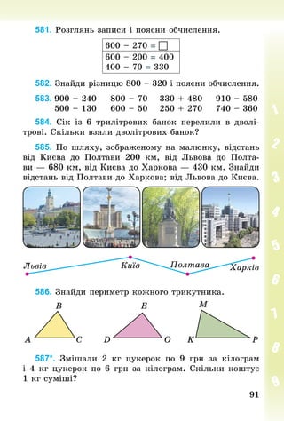 9191
581. Розглянь записи і поясни обчислення.
600 – 270 = 
600 – 200 = 400
400 – 70 = 330
582. Знай­ди різницю 800 – 320 і поясни обчислення.
583.	900 – 240				800 – 70				330 + 480				910 – 580
						500 – 130				600 – 50				250 + 270				740 – 360
584. Сік із 6 трилітрових банок перелили в дволі-
трові. Скільки взяли дволітрових банок?
585. По шляху, зображеному на малюнку, відстань
від Києва до Полтави 200 км, від Львова до Полта-
ви — 680 км, від Києва до Харкова — 430 км. Знай­ди
відстань від Полтави до Харкова; від Львова до Києва.
586. Знай­ди периметр кожного трикутника.
587*. Змішали 2  кг цукерок по 9  грн за кілограм
і 4 кг цукерок по 6 грн за кілограм. Скільки коштує
1 кг суміші?
 