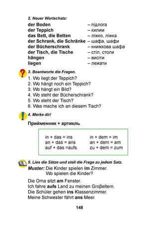 2. Neuer Wortschatz:
der Boden
der Teppich
das Bett, die Betten
der Schrank, die Schränke
der Bücherschrank
der Tisch, die Tische
hängen
liegen
підлога
килим
ліжко, ліжка
шафа, шафи
книжкова шафа
стіл, столи
висіти
лежати
O 3. Beantworte die Fragen.
* 1. Wo liegt der Teppich?
2. Wo hängt noch ein Teppich?
3. Wo hängt ein Bild?
4. Wo steht der Bücherschrank?
5. Wo steht der Tisch?
6. Was mache ich an diesem Tisch?
£ 4. Merke dir!
Прийменник + артикль
in + das = ins in + dem = im
an + das = ans an + dem = am
auf + das =aufs zu + dem = zum
5. Lies die Sätze und stell die Frage zujedem Satz.
Muster: Die Kinder spielen im Zimmer.
Wo spielen die Kinder?
Die Oma sitzt am Fenster.
Ich fahre aufs Land zu meinen Großeltern.
Die Schüler gehen ins Klassenzimmer.
Meine Schwester fährt ans Meer.
148
 
