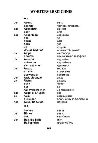 WÖRTERVERZEICHNIS
A a
der Abend
abends
das Abendbrot
aber
das Akkordeon
alle
allein
alles
alt
Wie alt bist du?
die Ampel
anrufen
die Antwort
antworten
sich anziehen
der Anzug
arbeiten
auswendig
der Arzt, die Ärzte
die Ärztin
auch
auf
Auf Wiedersehen!
das Auge, die Augen
die Aula
ausleihen
das Auto, die Autos
B b
backen
der Bäcker
bald
der Ball, die Bälle
Ball spielen
вечір
увечері, вечорами
вечеря
але
акордеон
усі
сам
усе
старий
скільки тобі років?
світлофор
викликати по телефону
відповідь
відповідати
одягатися
костюм
працювати
напам’ять
лікар
лікарка
також
на
до побачення!
око
актовий зал
брати книгу (в бібліотеці)
машина
пекти
пекар
незабаром
м’яч
грати у м’яча
166
 