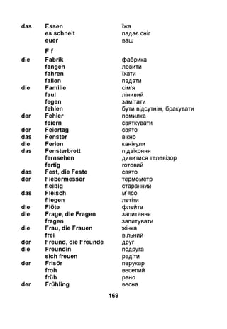 das Essen
es schneit
euer
F f
die Fabrik
fangen
fahren
fallen
die Familie
faul
fegen
fehlen
der Fehler
feiern
der Feiertag
das Fenster
die Ferien
das Fensterbrett
fernsehen
fertig
das Fest, die Feste
der Fiebermesser
fleißig
das Fleisch
fliegen
die Flöte
die Frage, die Fragen
fragen
die Frau, die Frauen
frei
der Freund, die Freunde
die Freundin
sich freuen
der Frisör
froh
früh
der Frühling
їжа
падає сніг
ваш
фабрика
ловити
їхати
падати
сім’я
лінивий
замітати
бути відсутнім, бракувати
помилка
святкувати
свято
вікно
канікули
підвіконня
дивитися телевізор
готовий
свято
термометр
старанний
м’ясо
летіти
флейта
запитання
запитувати
жінка
вільний
друг
подруга
радіти
перукар
веселий
рано
весна
169
 