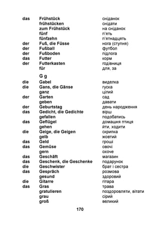 das Frühstück сніданок
frühstücken снідати
zum Frühstück на сніданок
fünf п’ять
fünfzehn п’ятнадцять
der Fuß, die Füsse нога (ступня)
der Fußball футбол
der Fußboden підлога
das Futter корм
der Futterkasten годівниця
für для, за
G g
die Gabel виделка
die Gans, die Gänse гуска
ganz цілий
der Garten сад
geben давати
der Geburtstag день народження
das Gedicht, die Gedichte вірш
gefallen подобатись
das Geflügel домашня птиця
gehen йти, ходити
die Geige, die Geigen скрипка
gelb жовтий
das Geld гроші
das Gemüse овочі
gern охоче
das Geschäft магазин
das Geschenk, die Geschenke подарунок
die Geschwister брат і сестра
das Gespräch розмова
gesund здоровий
die Gitarre гітара
das Gras трава
gratulieren поздоровляти, вітати
grau сірий
groß великий
170
 