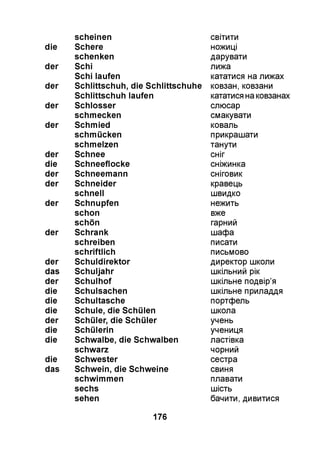 scheinen світити
die Schere ножиці
schenken дарувати
der Schi лижа
Schi laufen кататися на лижах
der Schlittschuh, die Schlittschuhe ковзан, ковзани
Schlittschuh laufen кататися на ковзанах
der Schlosser слюсар
schmecken смакувати
der Schmied коваль
schmücken прикрашати
schmelzen танути
der Schnee сніг
die Schneeflocke сніжинка
der Schneemann сніговик
der Schneider кравець
schnell швидко
der Schnupfen нежить
schon вже
schön гарний
der Schrank шафа
schreiben писати
schriftlich письмово
der Schuldirektor директор школи
das Schuljahr шкільний рік
der Schulhof шкільне подвір’я
die Schulsachen шкільне приладдя
die Schultasche портфель
die Schule, die Schülen школа
der Schüler, die Schüler учень
die Schülerin учениця
die Schwalbe, die Schwalben ластівка
schwarz чорний
die Schwester сестра
das Schwein, die Schweine свиня
schwimmen плавати
sechs шість
sehen бачити, дивитися
176
 