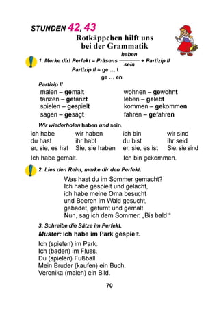 STUNDEN 4 2 4 3
Rotkäppchen hilft uns
bei der Grammatik
haben
1. Merke dir! Perfekt = Präsens------—
sein
Partizip II = ge ... t
+ Partizip II
Partizip II
malen - gemalt
tanzen - getanzt
spielen - gespielt
sagen - gesagt
ge ... en
wohnen - gewohnt
leben - gelebt
kommen - gekommen
fahren - gefahren
Wir wiederholen haben und sein,
ich habe wir haben ich bin wir sind
du hast ihr habt du bist ihrseid
er, sie, es hat Sie, sie haben er, sie, es ist Sie, sie sind
Ich habe gemalt. Ich bin gekommen.
2. Lies den Reim, merke dir den Perfekt.
Was hast du im Sommer gemacht?
Ich habe gespielt und gelacht,
ich habe meine Oma besucht
und Beeren im Wald gesucht,
gebadet, geturnt und gemalt.
Nun, sag ich dem Sommer: „Bis bald!“
3. Schreibe die Sätze im Perfekt.
Muster: Ich habe im Park gespielt.
Ich (spielen) im Park.
Ich (baden) im Fluss.
Du (spielen) Fußball.
Mein Bruder (kaufen) ein Buch.
Veronika (malen) ein Bild.
70
 