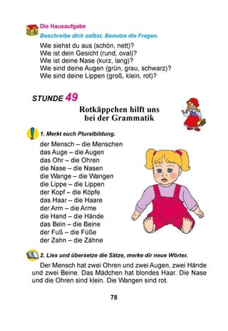 Die Hausaufgabe
Beschreibe dich selbst. Benutze die Fragen.
Wie siehst du aus (schön, nett)?
Wie ist dein Gesicht (rund, oval)?
Wie ist deine Nase (kurz, lang)?
Wie sind deine Augen (grün, grau, schwarz)?
Wie sind deine Lippen (groß, klein, rot)?
STUNDE 4 9
Rotkäppchen hilft uns
bei der Grammatik
1. Merkt euch Pluralbildung.
der Mensch - die Menschen
das Auge - die Augen
das Ohr - die Ohren
die Nase - die Nasen
die Wange - die Wangen
die Lippe - die Lippen
der Kopf - die Köpfe
das Haar - die Haare
der Arm - die Arme
die Hand - die Hände
das Bein - die Beine
der Fuß - die Füße
der Zahn - die Zähne
2. Lies und übersetze die Sätze, merke dir neue Wörter.
Der Mensch hat zwei Ohren und zwei Augen, zwei Hände
und zwei Beine. Das Mädchen hat blondes Haar. Die Nase
und die Ohren sind klein. Die Wangen sind rot.
78
 