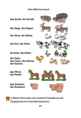 Dein Bildwörterbuch
das Schaf, die Schafe
die Ziege, die Ziegen
die Gans, die Gänse
die Kuh, die Kühe
die Ente, die Enten
der Hahn
das Huhn, die Hühner
die Kücken
das Pferd,
die Pferde
das Schwein,
die Schweine
4. Welche Tiere haben sich versteckt? Schreibe sie auf!
Ziegepferdkuhhuhnschafenteschwein.
91
 