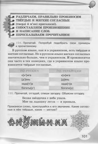 РАЗЛИЧАЕМ, ПРАВИЛЬНО ПРОИЗНОСИМ
ТВЁРДЫЕ И МЯГКИЕ СОГЛАСНЫЕ
(тверді й м’які приголосні).
СОПОСТАВЛЯЕМ ПРОИЗНОШЕНИЕ
И НАПИСАНИЕ СЛОВ.
ПЕРЕСКАЗЫВАЕМ ПРОЧИТАННОЕ
194 Прочитай. Попробуй подобрать свои примеры
к прочитанному.
В русском языке, как и в украинском, есть твёрдые и
мягкие согласные. Но в русском языке мягких согласных
значительно больше, чем в украинском. И произносятся
они часто в тех позициях, где в украинском языке про­
износятся твёрдые согласные.
ПО-УКРАИНСКИ
к[н]ига
[д]ень
РУССКИ
к[н']ига
[д']ень
зада[ч']а
богаты[р']
зада[ч]а
богати[р]
19Е Прочитай, отгадай, спиши загадку. Объясни отгадку.
Белая звёздочка с неба упала.
Мне на ладошку легла — и пропала.
Произнеси слово, прислушайся к его звучанию. Какие соглас­
ные в нём твёрдые, какие — мягкие?
101
 