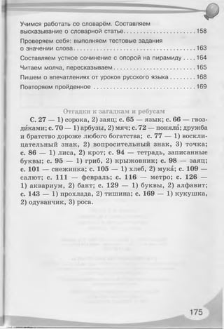 Учимся работать со словарём. Составляем
высказывание о словарной статье........................................... 158
Проверяем себя: выполняем тестовые задания
о значении слова.......................................................................... 163
Составляем устное сочинение с опорой на пирамиду . . . . 164
Читаем молча, пересказываем..................................................165
Пишем о впечатлениях от уроков русского языка.............. 168
Повторяем пройденное..............................................................169
Отгадки к загадкам и ребусам
С. 27 — 1) сорока, 2) заяц; с. 65 — язык; с. 66 — гвоз­
диками; с. 70 — 1) арбузы, 2) мяч; с. 72 — поняла; дружба
и братство дороже любого богатства; с. 77 — 1) воскли­
цательный знак, 2) вопросительный знак, 3) точка;
с. 86 — 1) лиса, 2) крот; с. 94 — тетрадь, записанные
буквы; с. 95 — 1) гриб, 2) крыжовник; с. 98 — заяц;
с. 101 — снежинка; с. 105 — 1) хлеб, 2) мука; с. 109 —
салют; с. 111 — февраль; с. 116 — метро; с. 126 —
1) аквариум, 2) бант; с. 129 — 1) буквы, 2) алфавит;
с. 143 — 1) прохлада, 2) тишина; с. 169 — 1) кукушка,
2) одуванчик, 3) роса.
 