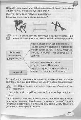Всерьёз или в шутку употреблено поэтессой слово однофами­
лицы? На чём основана тут игра слов?
Выстучи ритм слов гвоздики и гвоздики.
К какому слову какая схема подходит?
4 4 .
125. По схеме составь рассуждение из двух частей. Пра­
вильно произноси слова, в которых обозначено ударение.
Если мы
переставим
ударение, то
поняла
может появиться совсем
другое слово. Например:
мука — мука, замок — замок,
атлас — атлас, село — село.
слово будет звучать неправильно.
Часто делают ошибки в ударении
таких слов: доска, новый, старый,
взяла, поняла, одиннадцать и
других.
С парой слов, данных для примера в правой части схемы,
составь и запиши два связанных между собой предложения.
126. Найди слова, в которых ударение обозначено не­
правильно.
Украинский, корабль, мягкий, километр, алфавит,
олень.
Произнеси соответствующие слова украинского языка, опре­
дели в них ударение. Какой вывод ты можешь сделать? Напиши
небольшое рассуждение о том, почему важно уметь различать
ударный и безударный гласные.
67
 