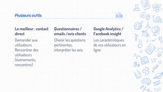 Plusieurs outils
Le meilleur : contact
direct
Demander aux
utilisateurs
Rencontrer des
utilisateurs
(événements,
rencontres)
Questionnaires /
emails /avis clients
Choisir les questions
pertinentes,
interpréter les avis
Google Analytics /
Facebook insight
Les caractéristiques
de vos utilisateurs en
ligne
 