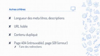 Autres critères
✘ Longueur des meta titres, descriptions
✘ URL lisible
✘ Contenu dupliqué
✘ Page 404 (introuvable), page 501 (erreur)
✗ Faire des redirections
 