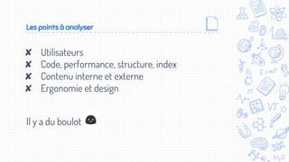 Les points à analyser
✘ Utilisateurs
✘ Code, performance, structure, index
✘ Contenu interne et externe
✘ Ergonomie et design
Il y a du boulot
 