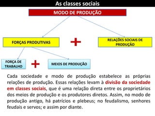 As classes sociais
Cada sociedade e modo de produção estabelece as próprias
relações de produção. Essas relações levam à divisão da sociedade
em classes sociais, que é uma relação direta entre os proprietários
dos meios de produção e os produtores diretos. Assim, no modo de
produção antigo, há patrícios e plebeus; no feudalismo, senhores
feudais e servos; e assim por diante.
MODO DE PRODUÇÃO
FORÇAS PRODUTIVAS
RELAÇÕES SOCIAIS DE
PRODUÇÃO
FORÇA DE
TRABALHO
MEIOS DE PRODUÇÃO
 