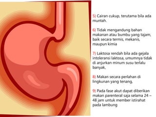 5) Cairan cukup, terutama bila ada
muntah.
6) Tidak mengandung bahan
makanan atau bumbu yang tajam,
baik secara termis, mekanis,
maupun kimia
7) Laktosa rendah bila ada gejala
intoleransi laktosa, umumnya tidak
di anjurkan minum susu terlalu
banyak,
8) Makan secara perlahan di
lingkunan yang tenang,

9) Pada fase akut dapat diberikan
makan parenteral saja selama 24 –
48 jam untuk member istirahat
pada lambung

 
