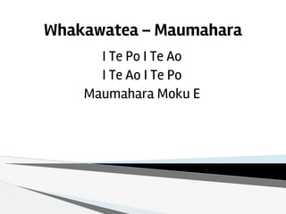 Whakawatea – Maumahara
I Te Po I Te Ao
I Te Ao I Te Po
Maumahara Moku E
 