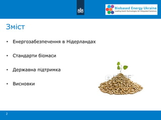 Зміст
2
• Енергозабезпечення в Нідерландах
• Стандарти біомаси
• Державна підтримка
• Висновки
 