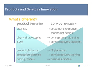 Products and Services Innovation


       What’s different?
          product innovation                    service innovation
               user IaD                 → customer experience
                                                touchpoint design
               physical prototyping     → conceptual prototyping
               BOM                      → service delivery blueprint


               product platforms        → IT platforms
               production planning      → service delivery training
               pricing models           → business models

15 Oct, 2009                          Ideagen
 