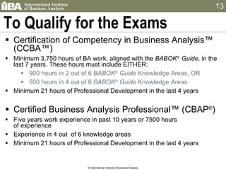 To Qualify for the Exams Certification of Competency in Business Analysis™ (CCBA™) Minimum 3,750 hours of BA work, aligned with the  BABOK ®  Guide , in the last 7 years. These hours must include EITHER: 900 hours in 2 out of 6  BABOK ®   Guide  Knowledge Areas, OR 500 hours in 4 out of 6  BABOK ®   Guide  Knowledge Areas Minimum 21 hours of Professional Development in the last 4 years Certified Business Analysis Professional™ (CBAP ® ) Five years work experience in past 10 years or 7500 hours  of experience Experience in 4 out  of 6 knowledge areas Minimum 21 hours of Professional Development in the last 4 years © International Institute of Business Analysis 