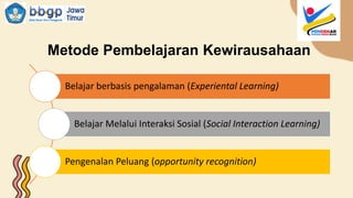 Metode Pembelajaran Kewirausahaan
Belajar berbasis pengalaman (Experiental Learning)
Belajar Melalui Interaksi Sosial (Social Interaction Learning)
Pengenalan Peluang (opportunity recognition)
 