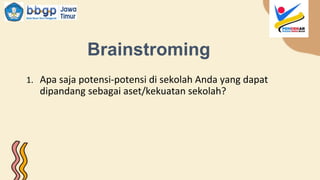 1. Apa saja potensi-potensi di sekolah Anda yang dapat
dipandang sebagai aset/kekuatan sekolah?
Brainstroming
 