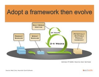 Adopt a framework then evolve

Source: Mike Cohn. Mountain Goat Software

 