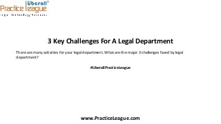3 Key Challenges For A Legal Department
There are many activities for your legal department. What are the major 3 challenges faced by legal
department?
#UberallPracticeLeague
www.PracticeLeague.com
 