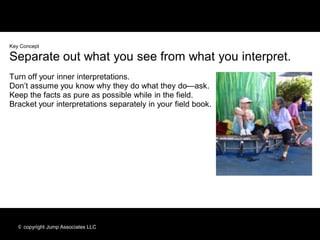 Key Concept

Separate out what you see from what you interpret.
Turn off your inner interpretations.
Don’t assume you know why they do what they do—ask.
Keep the facts as pure as possible while in the field.
Bracket your interpretations separately in your field book.




   © copyright Jump Associates LLC
 