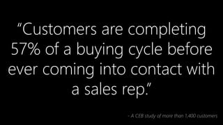 “Customers are completing
57% of a buying cycle before
ever coming into contact with
a sales rep.”
- A CEB study of more than 1,400 customers

 