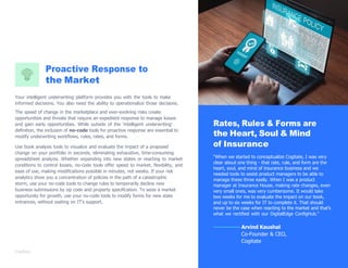 Proactive Response to
the Market
Your intelligent underwriting platform provides you with the tools to make
informed decisions. You also need the ability to operationalize those decisions.
The speed of change in the marketplace and ever-evolving risks create
opportunities and threats that require an expedient response to manage losses
and gain early opportunities. While outside of the „intelligent underwriting‟
deﬁnition, the inclusion of no-code tools for proactive response are essential to
modify underwriting workﬂows, rules, rates, and forms.
Use book analysis tools to visualize and evaluate the impact of a proposed
change on your portfolio in seconds, eliminating exhaustive, time-consuming
spreadsheet analysis. Whether expanding into new states or reacting to market
conditions to control losses, no-code tools offer speed to market, ﬂexibility, and
ease of use, making modiﬁcations possible in minutes, not weeks. If your risk
analytics show you a concentration of policies in the path of a catastrophic
storm, use your no-code tools to change rules to temporarily decline new
business submissions by zip code and property speciﬁcation. To seize a market
opportunity for growth, use your no-code tools to modify forms for new state
entrances, without waiting on IT‟s support.
Rates, Rules & Forms are
the Heart, Soul & Mind
of Insurance
“When we started to conceptualize Cogitate, I was very
clear about one thing - that rate, rule, and form are the
heart, soul, and mind of insurance business and we
needed tools to assist product managers to be able to
manage these three easily. When I was a product
manager at Insurance House, making rate changes, even
very small ones, was very cumbersome. It would take
two weeks for me to evaluate the impact on our book,
and up to six weeks for IT to complete it. That should
never be the case when reacting to the market and that‟s
what we rectiﬁed with our DigitalEdge ConﬁgHub.”
Arvind Kaushal
Co-Founder & CEO,
Cogitate
 