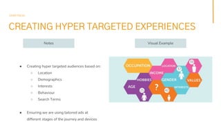 CREATING HYPER TARGETED EXPERIENCES
SEMETRICAL
Visual Example
Notes
● Creating hyper targeted audiences based on:
○ Locati...