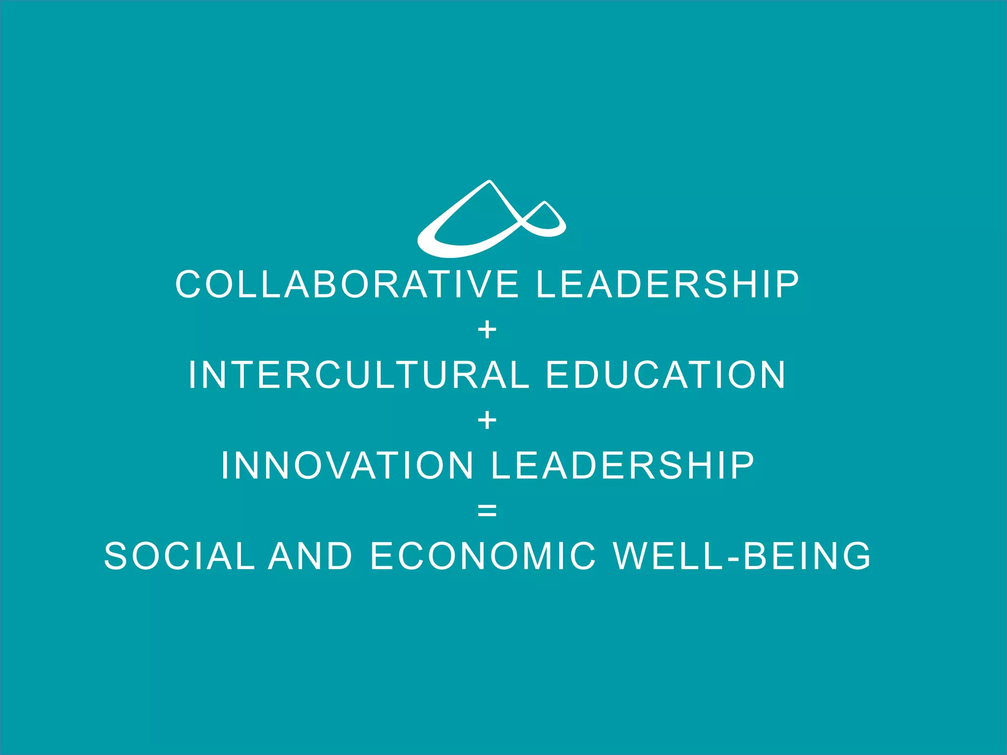 COLLABORATIVE LEADERSHIP
+
INTERCULTURAL EDUCATION
+
INNOVATION LEADERSHIP
=
SOCIAL AND ECONOMIC WELL-BEING