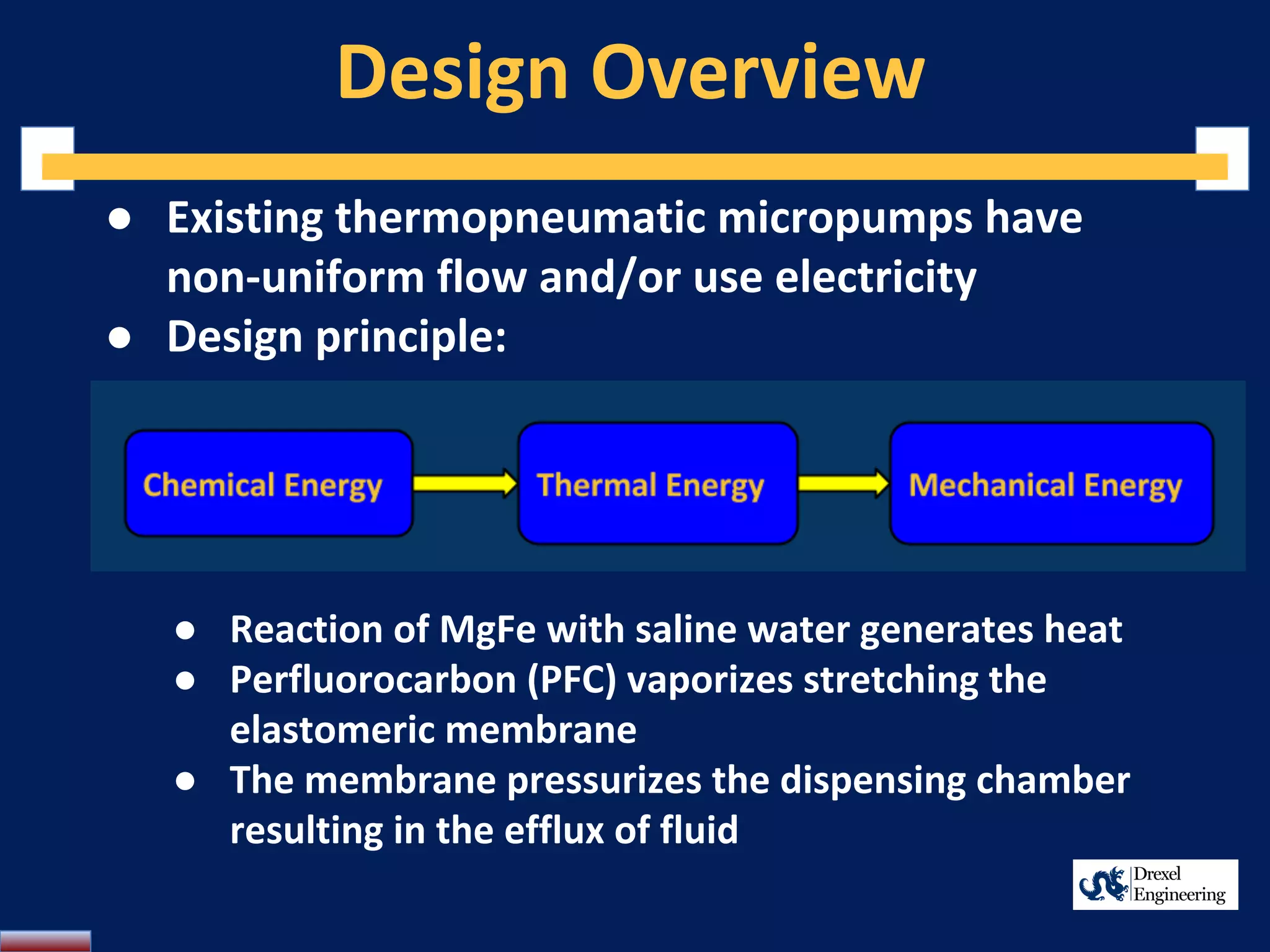 Design Overview
● Existing thermopneumatic micropumps have
non-uniform flow and/or use electricity
● Design principle:
● Reaction of MgFe with saline water generates heat
● Perfluorocarbon (PFC) vaporizes stretching the
elastomeric membrane
● The membrane pressurizes the dispensing chamber
resulting in the efflux of fluid
 