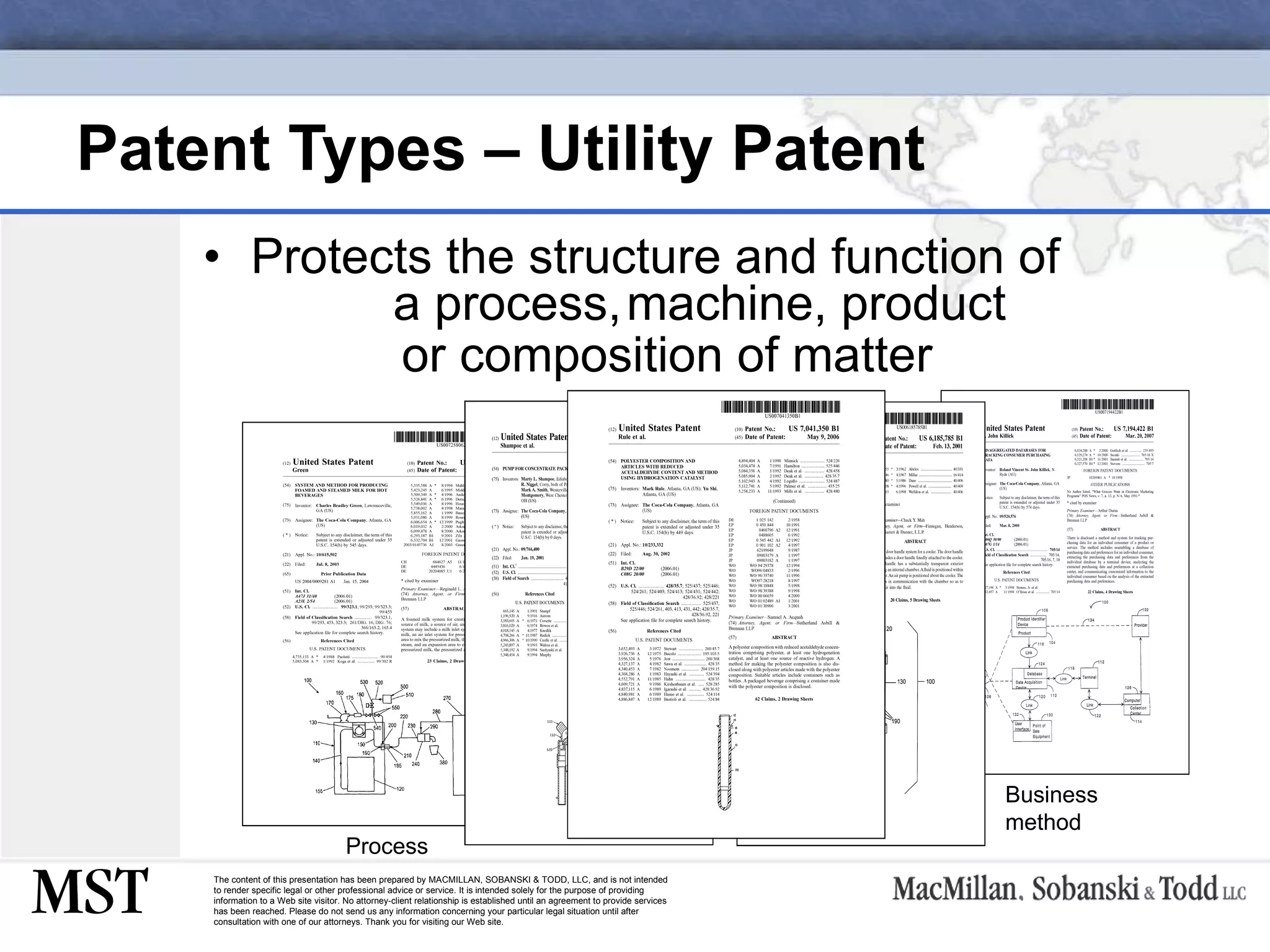 Patent Types – Utility Patent Protects the structure and function of  machine, product or composition of matter a process, Business method Process 