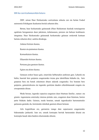 2016-2017 Gorputz Adierazpena
12
HH-ko curriculumarekin lotura
2009. urtean Haur Hezkuntzako curriculuma zehaztu zen eta bertan Euskal
autonomia Erkidegoan ikaskuntza horiek zehazten ditu.
Bertan, haur hezkuntzako gaitasunak (Haur Hezkuntzan ikasleak testuingurura
egokituta bereganatzen duen jakintzen, trebetasunen, jarreren eta balioen konbinazio
integratua. Haur Hezkuntzako gaitasunak hezkuntzako gaitasun orokorrak kontuan
hartuta zehazten dira) aurkitu ditzakegu.
Arduraz bizitzen ikastea.
Ikasten eta pentsatzen ikastea.
Komunikatzen ikastea.
Elkarrekin bizitzen ikastea.
Pertsona gisa garatzen ikastea.
Egiten eta ekiten ikastea.
Gaitasun orokor hauez gain, oinarrizko helburuekin aurkitzen gara. Lehenik eta
behin, haurrak bere gorputza ezagutzarako tresna gisa identifikatu beharko du, bere
gorputza bera eta honek eskaintzen dituen aukerak ezagutzeko. Era honetan bere
gorputza, gainontzekoena eta inguruko guztietan dauden ezberdintasunak ezagutu eta
errespetatuko ditzan.
Modu berean, inguruko espazioa ezagutzen duen bitartean familia-, natura- eta
gizarte- ingurumena aztertzeko interesa piztuko zaio, ezagutzen doan bitartean, horren
parte bilakatu dadin. Gainera, modu honetan, umeak ingurukoekin harremantzeko
gaitasuna garatuko du, horretarako teknikak garatzen dituen heinean.
Arlo kognitiboan ere, garrantzia izango dute espazioaren ezagutzarako
bideratutako jarduerek. Izan ere, umeek kontzeptu berriak barneratuko dituzte eta
kontzeptu hauek ideia batekin erlazionatuko dituzte.
 