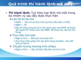 Quá trình thi hành lệnh mã máy Thi hành lệnh:  Tuỳ theo loại lệnh mà một trong ba nhiệm vụ sau đây được thực hiện Liên hệ tới bộ nhớ  MAR ←  Địa chỉ do ALU tính tuỳ theo kiểu định vị (R0).  MBR ← R1  Địa chỉ hiệu dụng do ALU tính được đưa vào MAR và thanh ghi nguồn R1 được đưa vào MBR  để được lưu vào bộ nhớ trong.  Thực hiện tính toán  Ngã ra ALU ← Kết quả của phép tính  ALU thực hiện phép tính xác định trong mã lệnh,  đưa kết quả ra ngã ra.  Chuyển hướng chương trình (nhảy)  Ngã ra ALU  ← Địa chỉ lệnh tiếp theo do ALU tính.  
