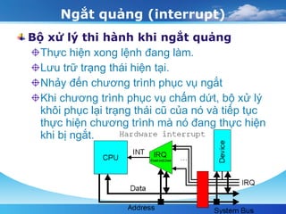 Ngắt quảng (interrupt) Bộ xử lý thi hành khi ngắt quảng Thực hiện xong lệnh đang làm.  Lưu trữ trạng thái hiện tại.  Nhảy đến chương trình phục vụ ngắt Khi chương trình phục vụ chấm dứt, bộ xử lý khôi phục lại trạng thái cũ của nó và tiếp tục thực hiện chương trình mà nó đang thực hiện khi bị ngắt.  
