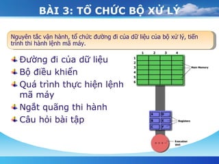 BÀI 3: TỔ CHỨC BỘ XỬ LÝ Đường đi của dữ liệu Bộ điều khiển Quá trình thực hiện lệnh mã máy Ngắt quãng thi hành Câu hỏi bài tập Nguyên tắc vận hành, tổ chức đường đi của dữ liệu của bộ xử lý, tiến trình thi hành lệnh mã máy. 