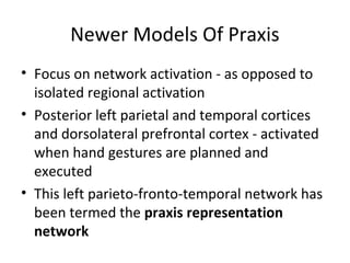 Newer Models Of Praxis
• Focus on network activation - as opposed to
isolated regional activation
• Posterior left parietal and temporal cortices
and dorsolateral prefrontal cortex - activated
when hand gestures are planned and
executed
• This left parieto-fronto-temporal network has
been termed the praxis representation
network
 