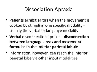 Dissociation Apraxia
• Patients exhibit errors when the movement is
evoked by stimuli in one specific modality -
usually the verbal or language modality
• Verbal disconnection apraxia - disconnection
between language areas and movement
formulas in the inferior parietal lobule
• Information, however, can reach the inferior
parietal lobe via other input modalities
 