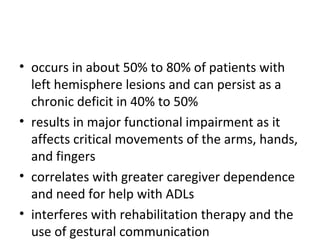 • occurs in about 50% to 80% of patients with
left hemisphere lesions and can persist as a
chronic deficit in 40% to 50%
• results in major functional impairment as it
affects critical movements of the arms, hands,
and fingers
• correlates with greater caregiver dependence
and need for help with ADLs
• interferes with rehabilitation therapy and the
use of gestural communication
 