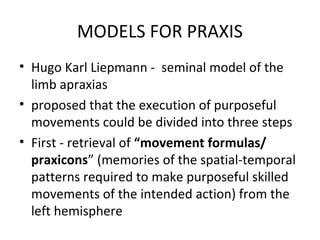 MODELS FOR PRAXIS
• Hugo Karl Liepmann - seminal model of the
limb apraxias
• proposed that the execution of purposeful
movements could be divided into three steps
• First - retrieval of “movement formulas/
praxicons” (memories of the spatial-temporal
patterns required to make purposeful skilled
movements of the intended action) from the
left hemisphere
 