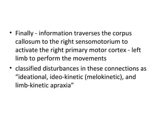 • Finally - information traverses the corpus
callosum to the right sensomotorium to
activate the right primary motor cortex - left
limb to perform the movements
• classified disturbances in these connections as
“ideational, ideo-kinetic (melokinetic), and
limb-kinetic apraxia”
 