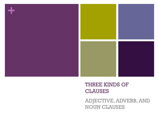 +
THREE KINDS OF
CLAUSES
ADJECTIVE, ADVERB, AND
NOUN CLAUSES
 