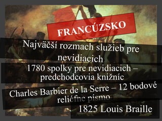1780 spolky pre nevidiacich –
   predchodcovia knižníc


             1825 Louis Braille
 