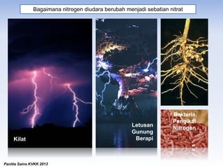 Panitia Sains KVKK 2013
Bagaimana nitrogen diudara berubah menjadi sebatian nitrat
Kilat
Letusan
Gunung
Berapi
Bakteria
Pengikat
Nitrogen
 