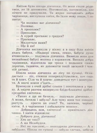Квітам було шкода дівчинки. От вони стали ради­
тися, як їй допомогти. Погомоніли, погомоніли, мло
нічого не придумали. Та якраз нагодйлась добра
чарівниця, вислухала квіти, бо їхню мову знала, і им
питуе:
— Чи поливає вас дівчинка?
— Доливає.
— А прополює?
— Прополює.
— А курей проганяє з грядки?
— Проганяє.
— Милується вами?
— Ще й які
Дівчинка виглянула у вікно: а в саду біля кнітін
якась бабуся. «Надворі спека, певно, бабуся дуже»
втомилася»,— подумала дівчинка. Винесла вона для
незнайомої бабусі молока з коржиком. Випила добра
чарівниця, відпочила ще трохи і подалася своєю
дорогою, гадаючи, як допомогти такій ласкавій і чом
ній дитині.
Пішла наша дівчинка до лісу по суниці. Огля­
дається — ліс, стежки попереплутувалися, хоч сядь
та й плач. Сіла та й плаче: доведеться тут і заночуаа
тй. А вночі вовки з’їдять...
Бризнули з очей дрібні сльози і покотилися у тра­
ву. А звідти раптом визирнули блідо-блакитні дрібні-
предрібні квіточки.
«Таких я ще не бачила,— подумала дівчинка.
А може, бачила і забула? Але чому вони так швидко
ростуть — просто на очах? То, напевно, чарівні
квіти. А з чарівними і побалакати можна».
— Добридень вам, квіточки! — привіталась дів­
чинка. І квіти відповіли:
— Доброго дня, дівчинко!
— Хто ви такі?
— А ми Незабудки.
- Які ви щасливі, позаздрила дівчинка.— А я
забудько. Пішла по суниці — забула глечик, набігли
 